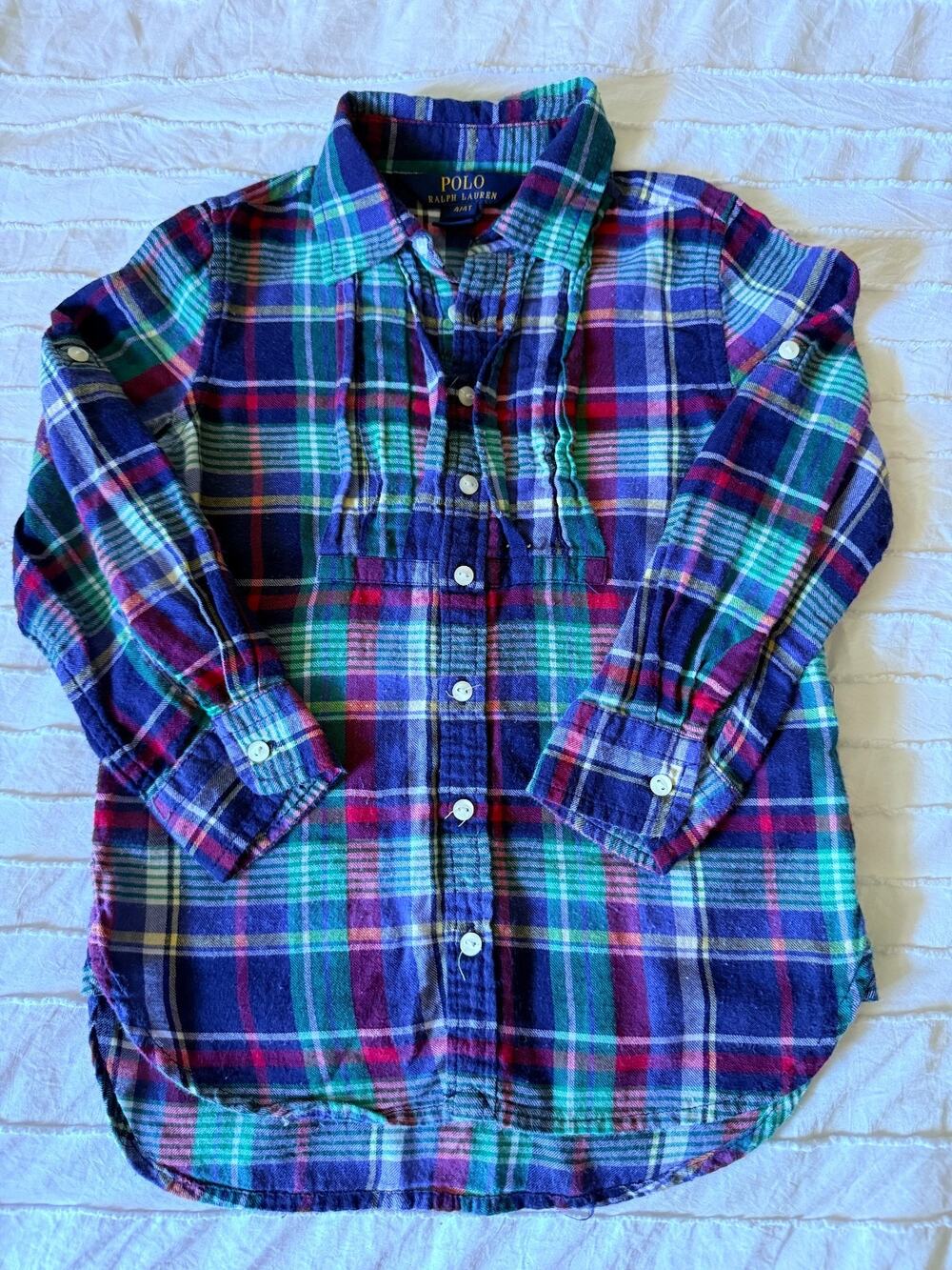 Polo Ralph Lauren Girls 4T Plaid Ruffle Front Flannel Button Down Shirt